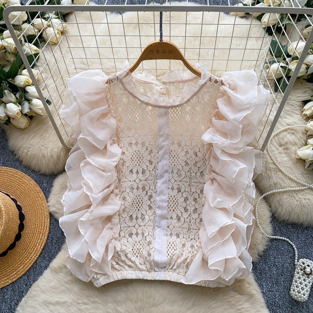 Top en dentelle à volants d’organza, taille unique