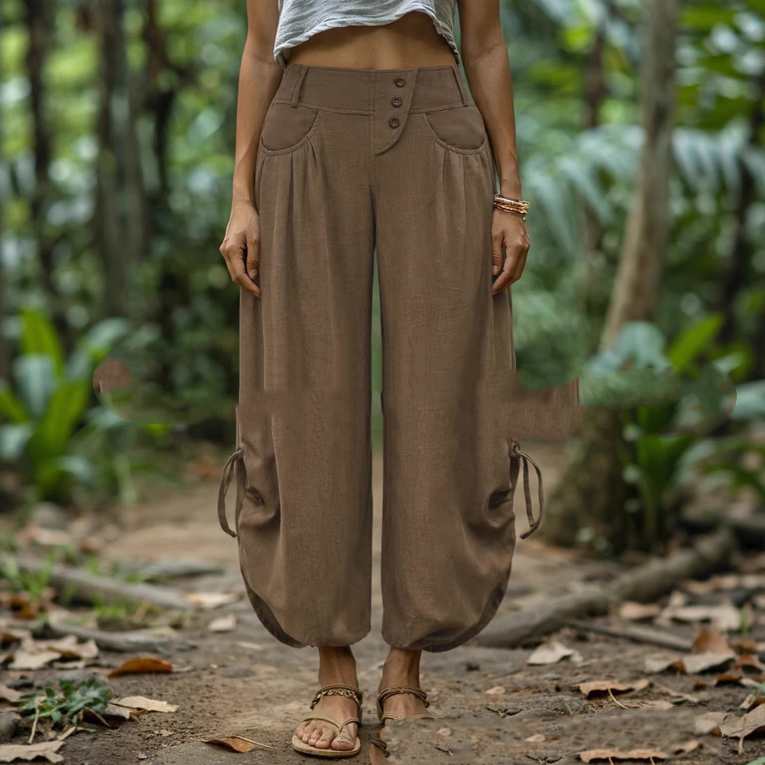 Pantalon ample à liens aux chevilles — taille élastique boutonnée