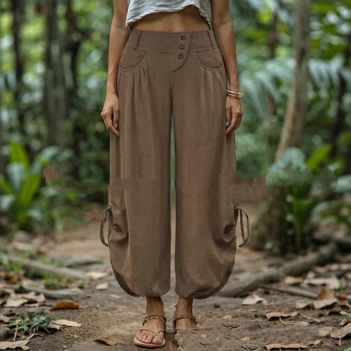 Pantalon ample à liens aux chevilles — taille élastique boutonnée