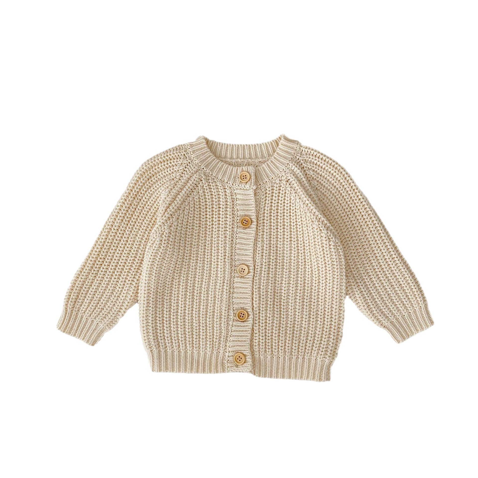 Gilet bébé en grosse maille crème — boutons en bois