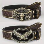 Ceinture homme en cuir clouté — gravure western, boucle apparente