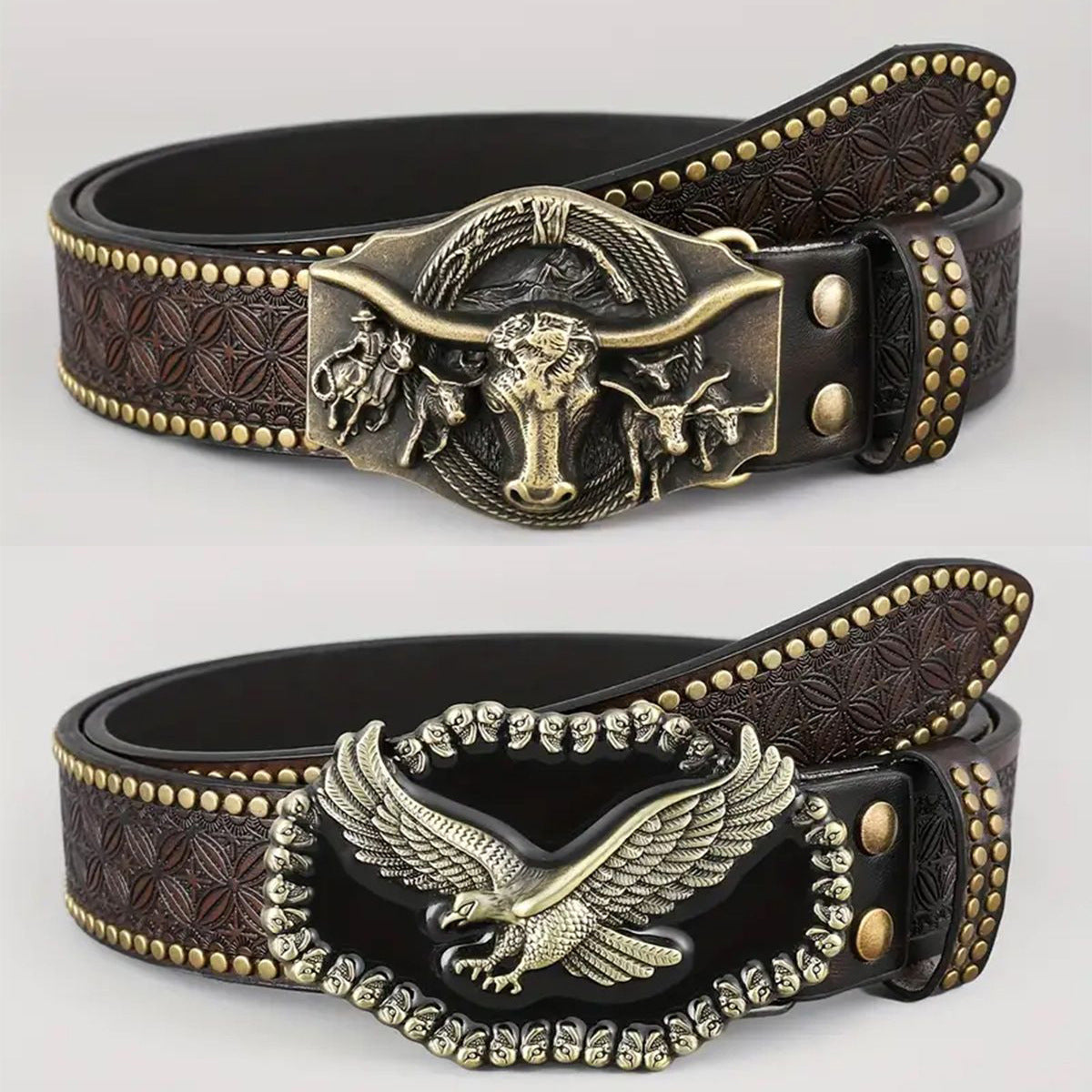 Ceinture homme en cuir clouté — gravure western, boucle apparente