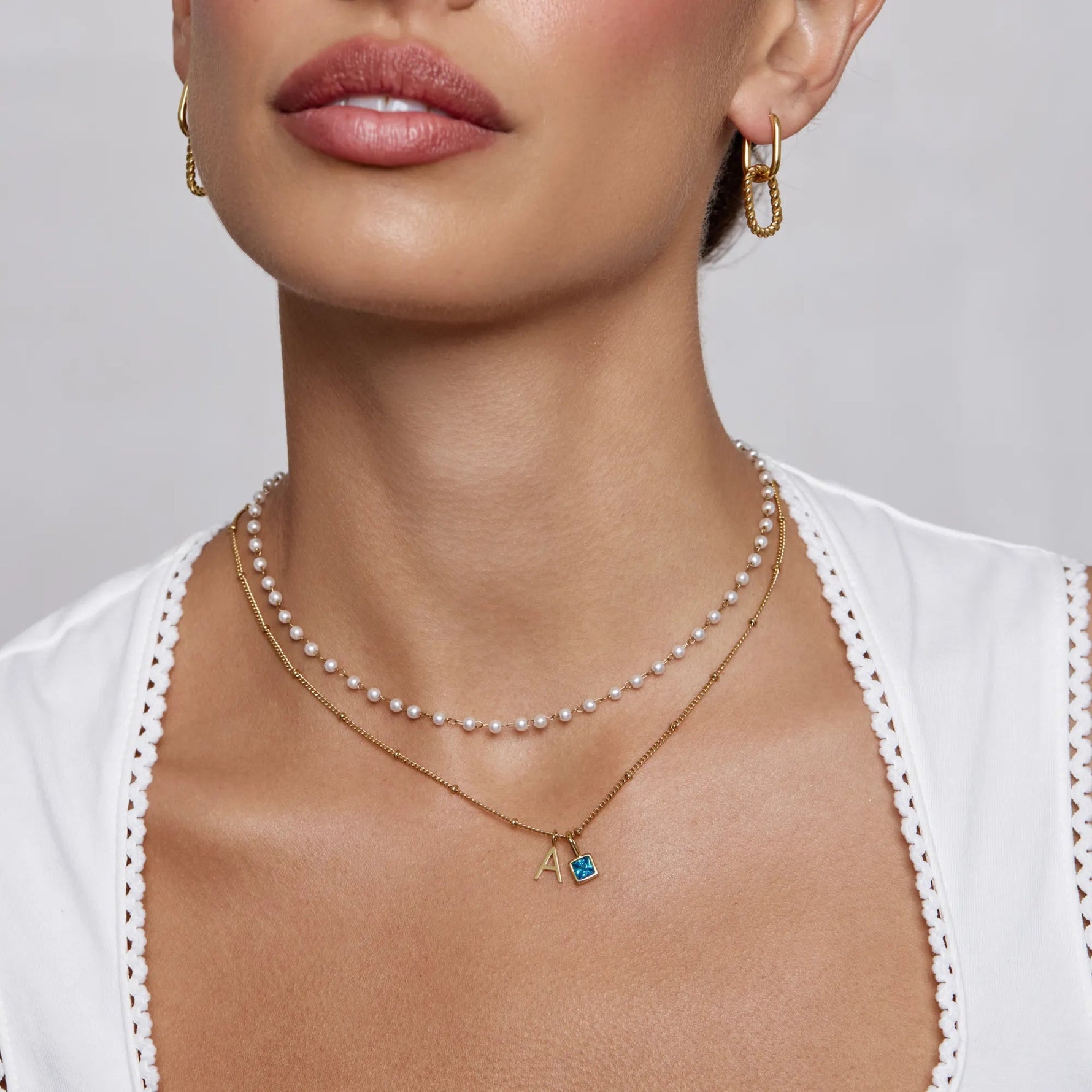 Collier chaîne à perles avec pierre de naissance — 12 mois, doré ou argenté