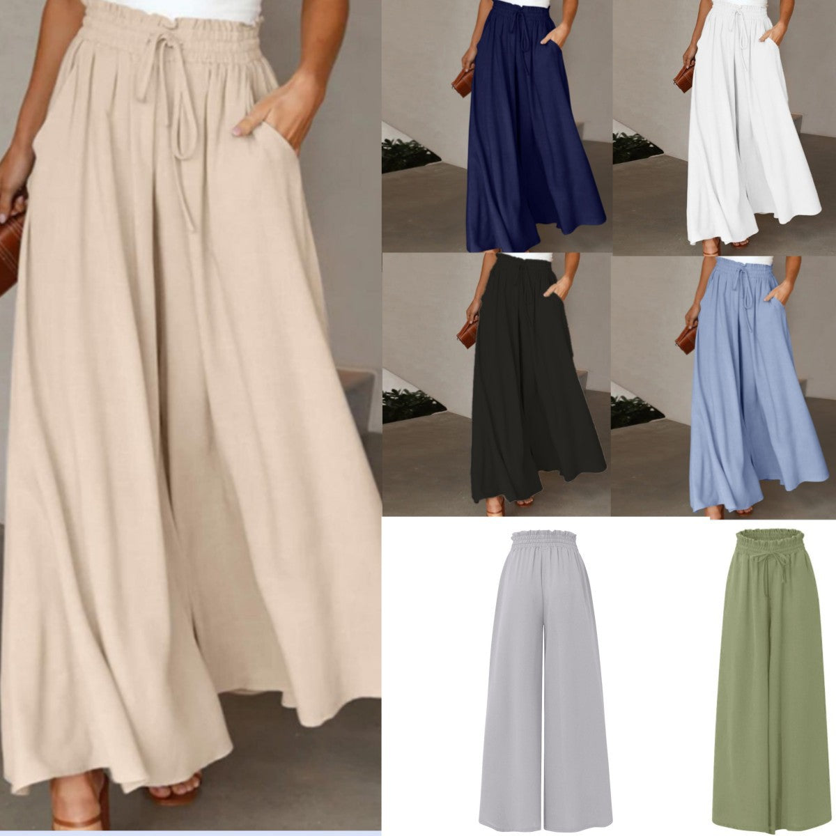 Jupe-culotte longue à taille élastique et cordon