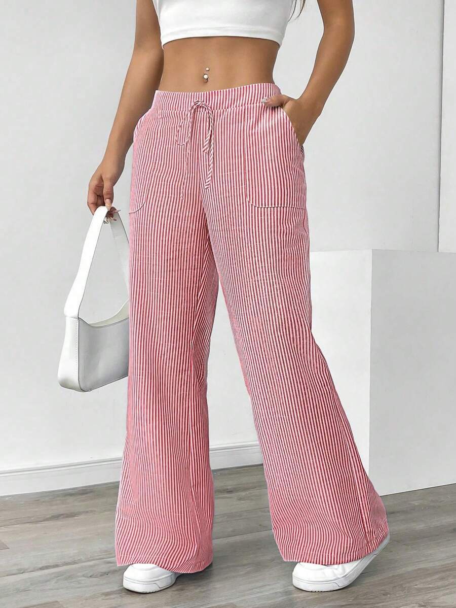 Pantalon large à fines rayures, taille élastiquée à cordon — coloris