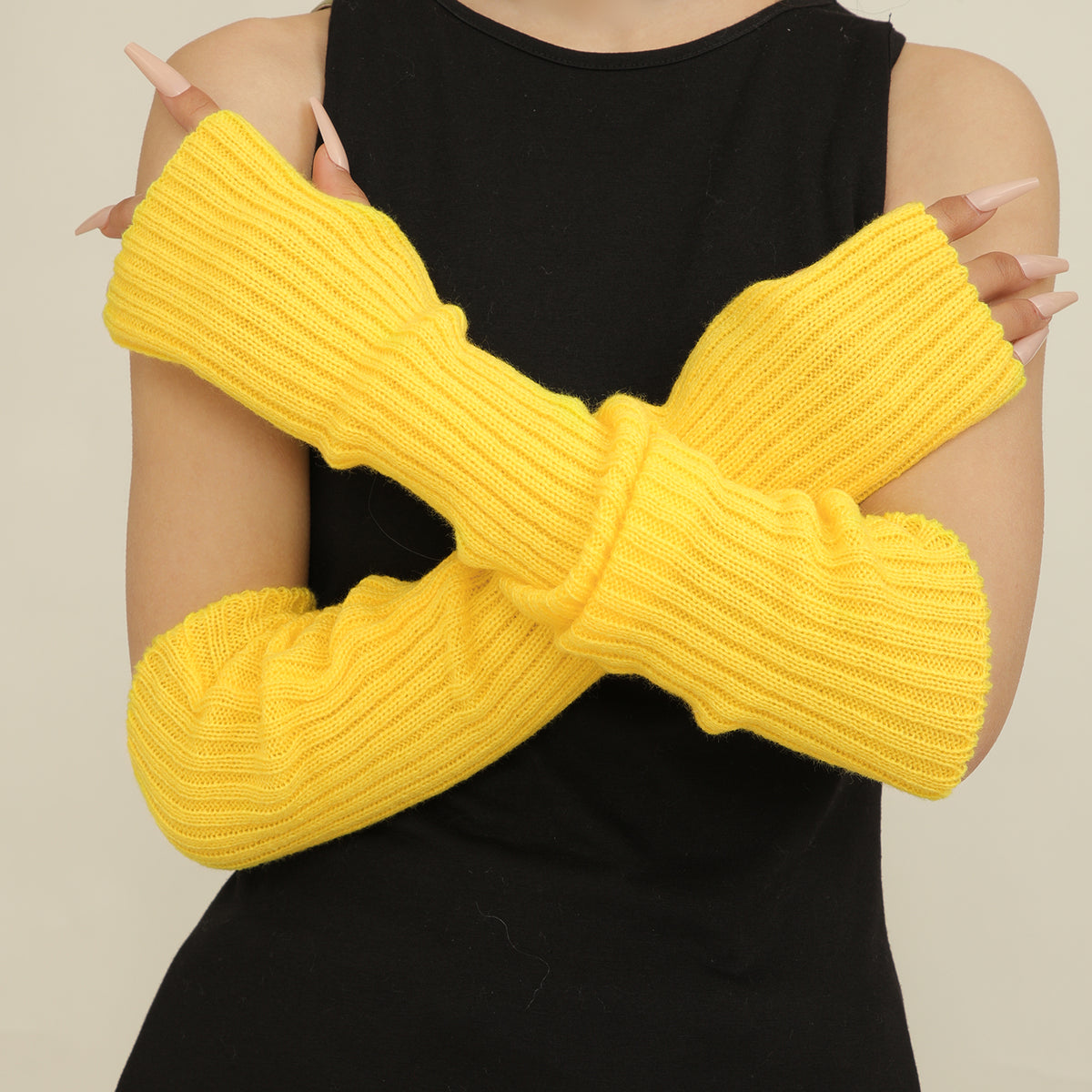 Longues manchettes en maille côtelée femme — mitaines 50 cm — coloris