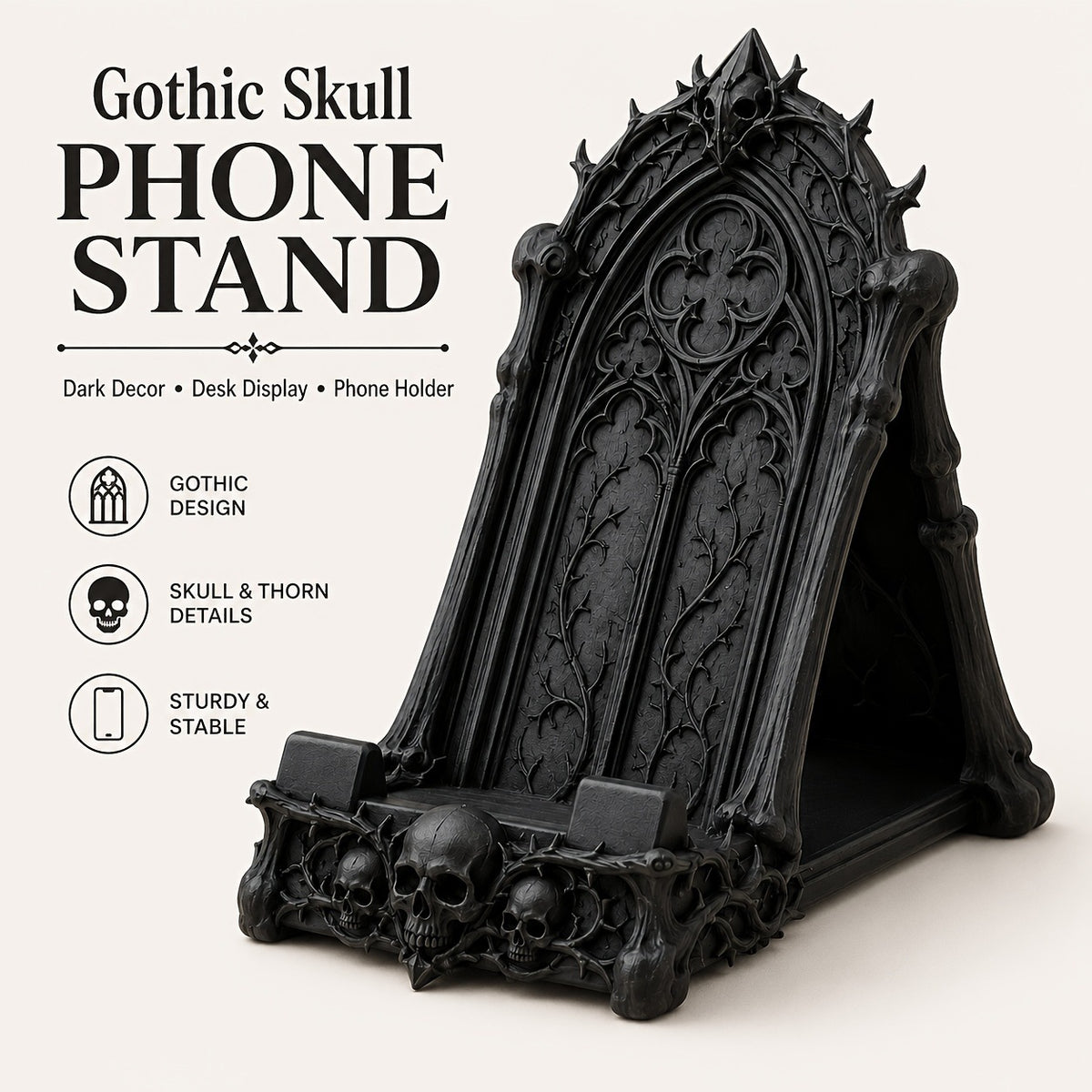 Support de téléphone gothique à arche et crânes