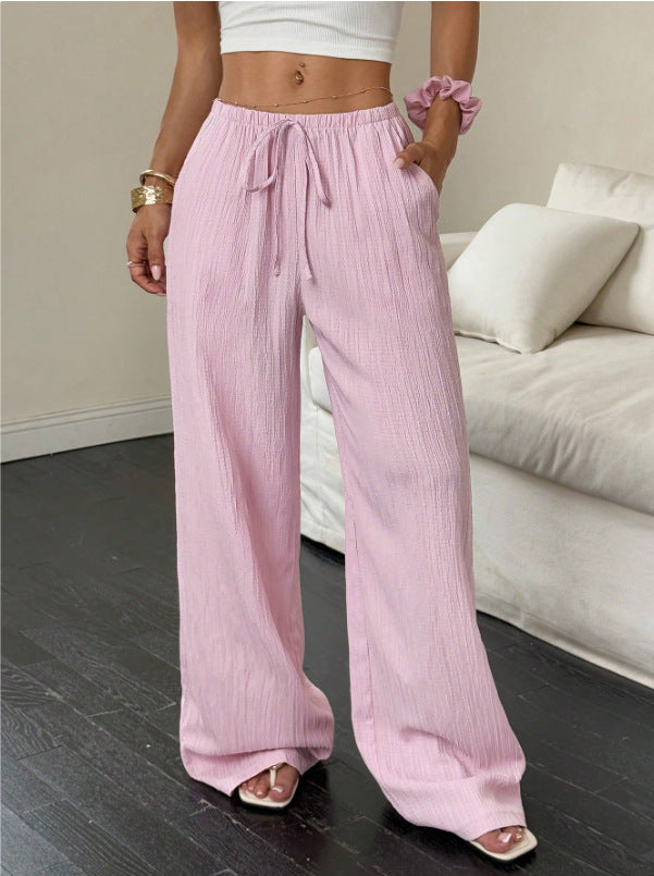 Pantalon large en gaze froissée, taille à cordon