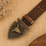 Ceinture western homme en simili cuir repoussé, boucle tête de taureau