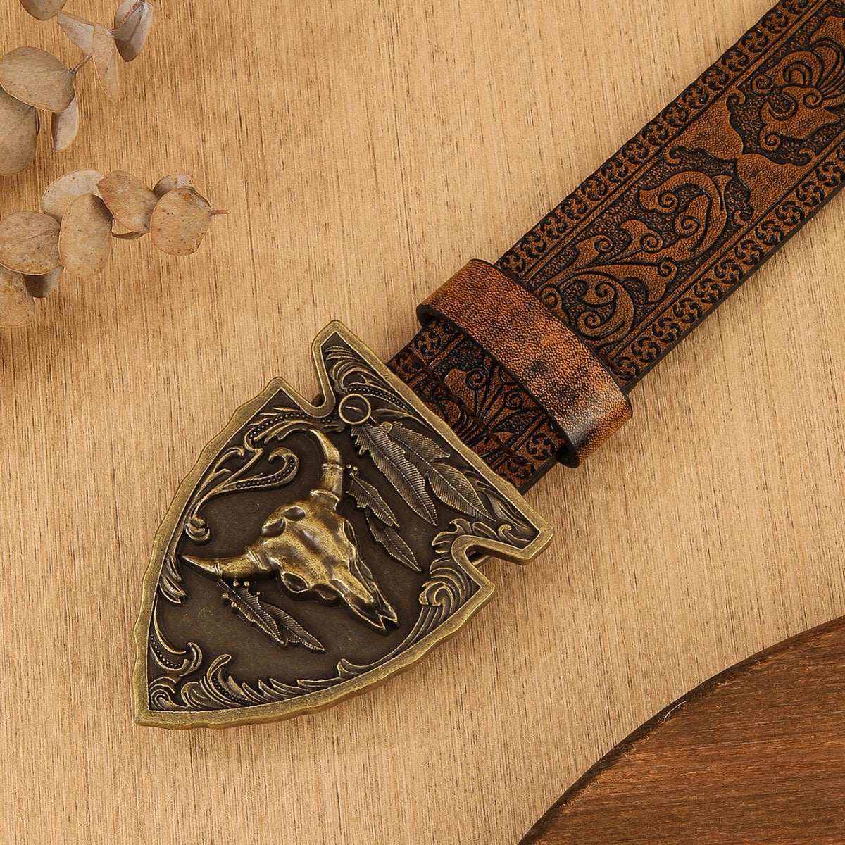 Ceinture western homme en simili cuir repoussé, boucle tête de taureau