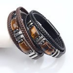 Bracelet homme multi-rangs en cuir et œil de tigre — fermoir acier