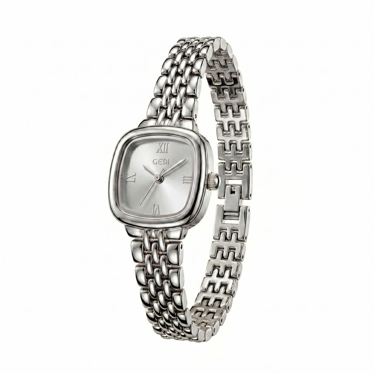 Montre femme coussin à bracelet acier fin