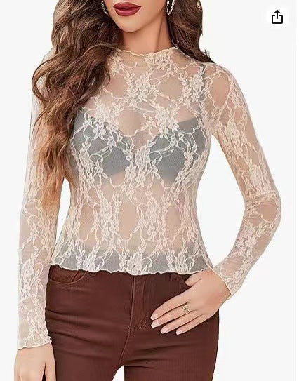 Top en dentelle florale à col montant, entièrement transpare — coloris