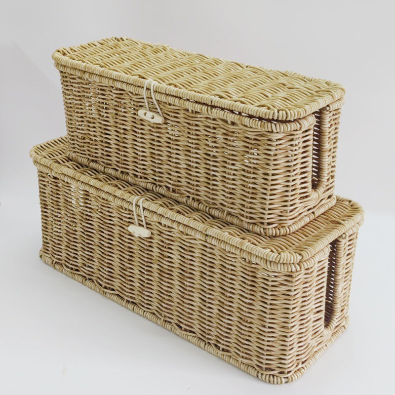 Panier de rangement à couvercle, effet rotin tressé