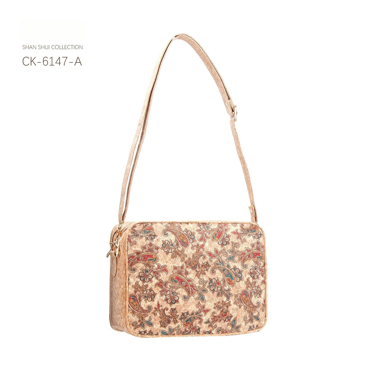 Sac bandoulière en liège imprimé — compartiment zippé — coloris