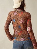 Chemise en tulle imprimé léopard et fleurs, manches évasées