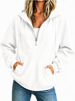 Sweat à capuche demi-zip — coupe ample, cordon de serrage