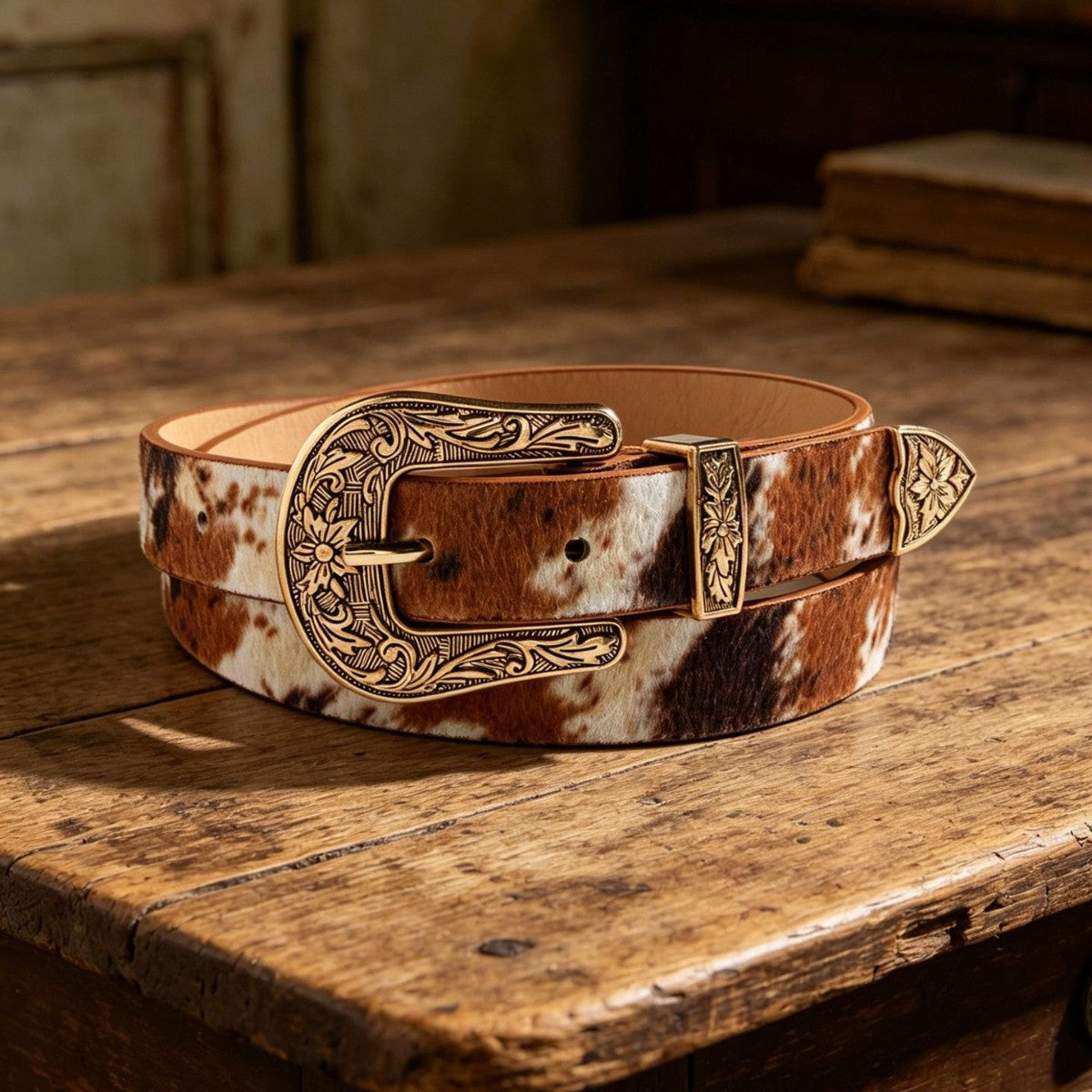 Ceinture femme en poil ras, boucle western dorée