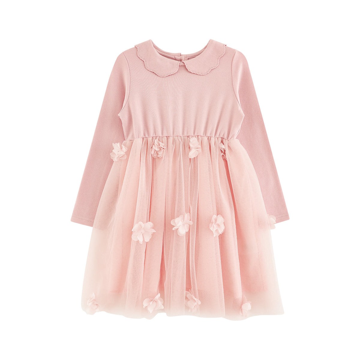 Robe fille à col claudine et jupe en tulle fleuri — manches longues