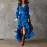 Robe longue portefeuille à volants asymétriques