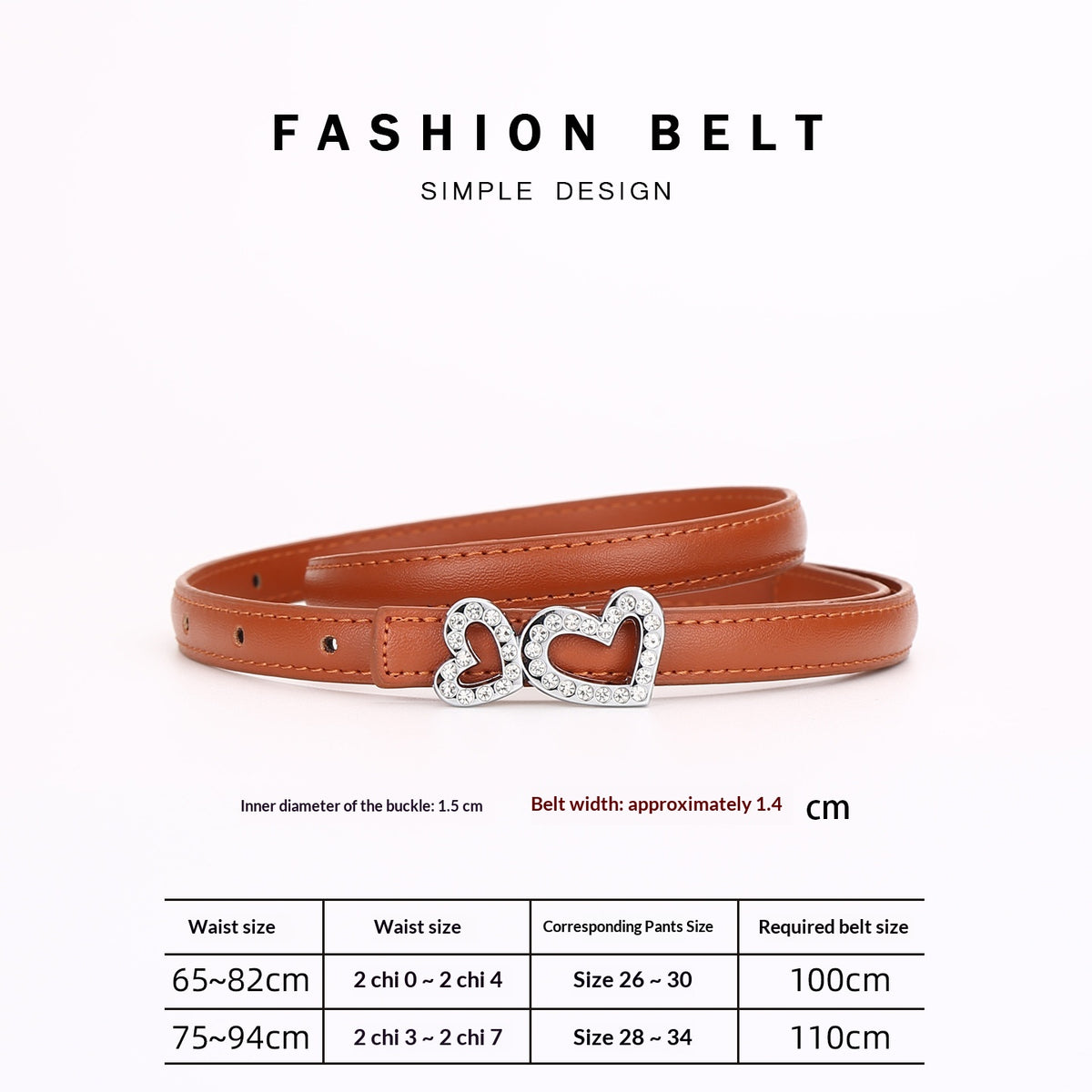 Ceinture fine en cuir, boucle deux cœurs sertis