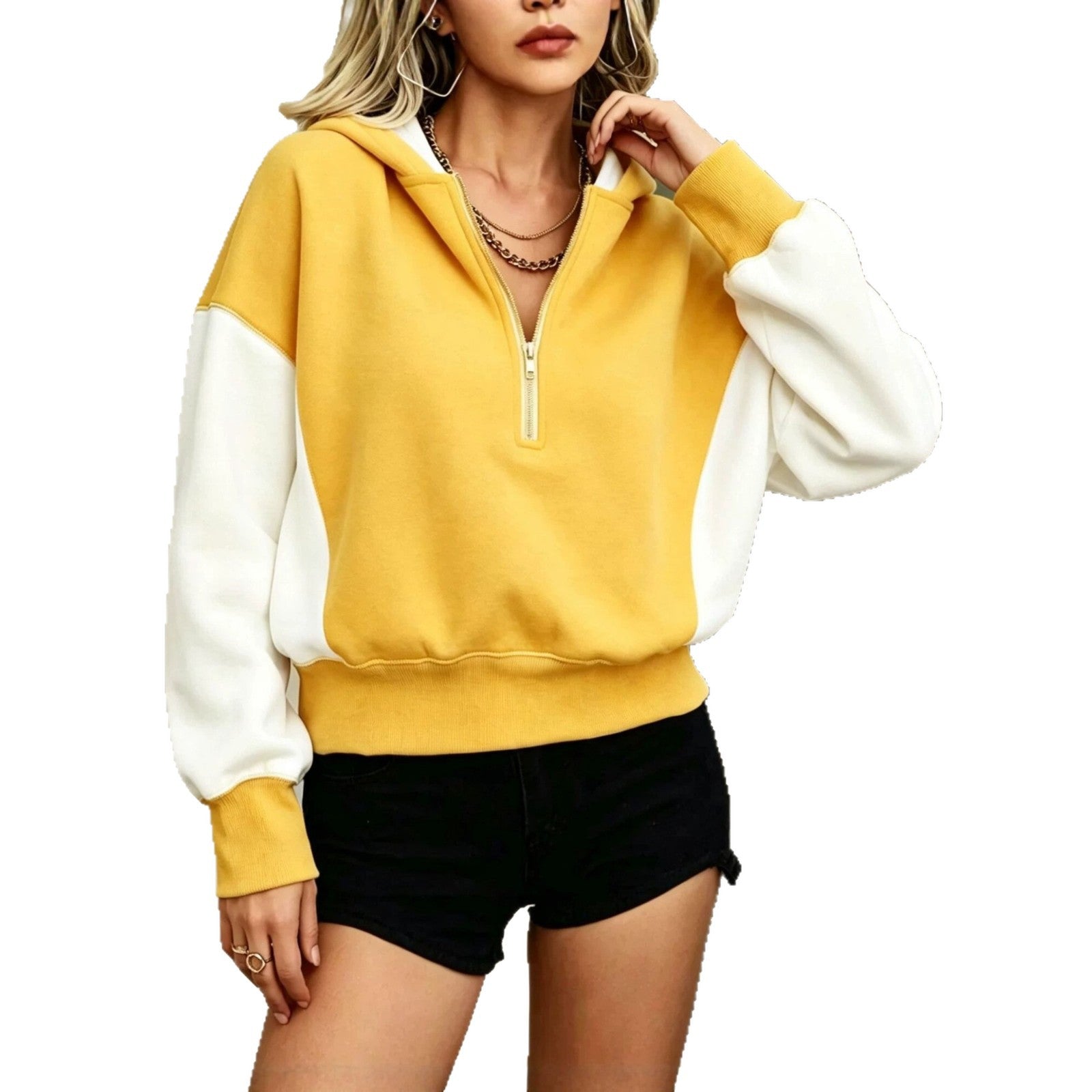 Sweat à capuche demi-zip bicolore — coupe décontractée