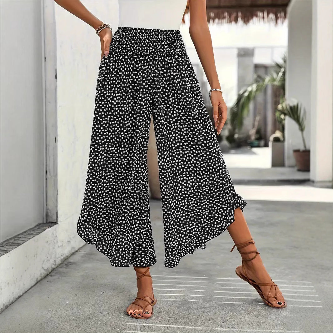 Pantalon large à pois, ourlet volanté