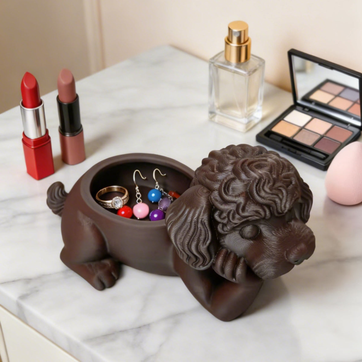 Pot de rangement chien caniche, pour bureau ou coiffeuse