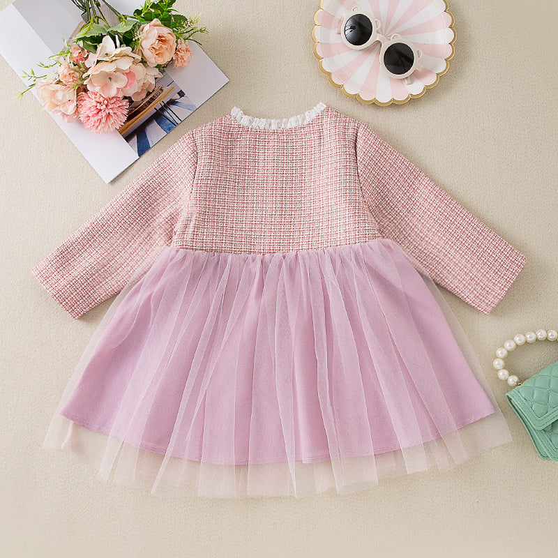 Robe bébé fille effet tweed et jupe en tulle — col en dentelle