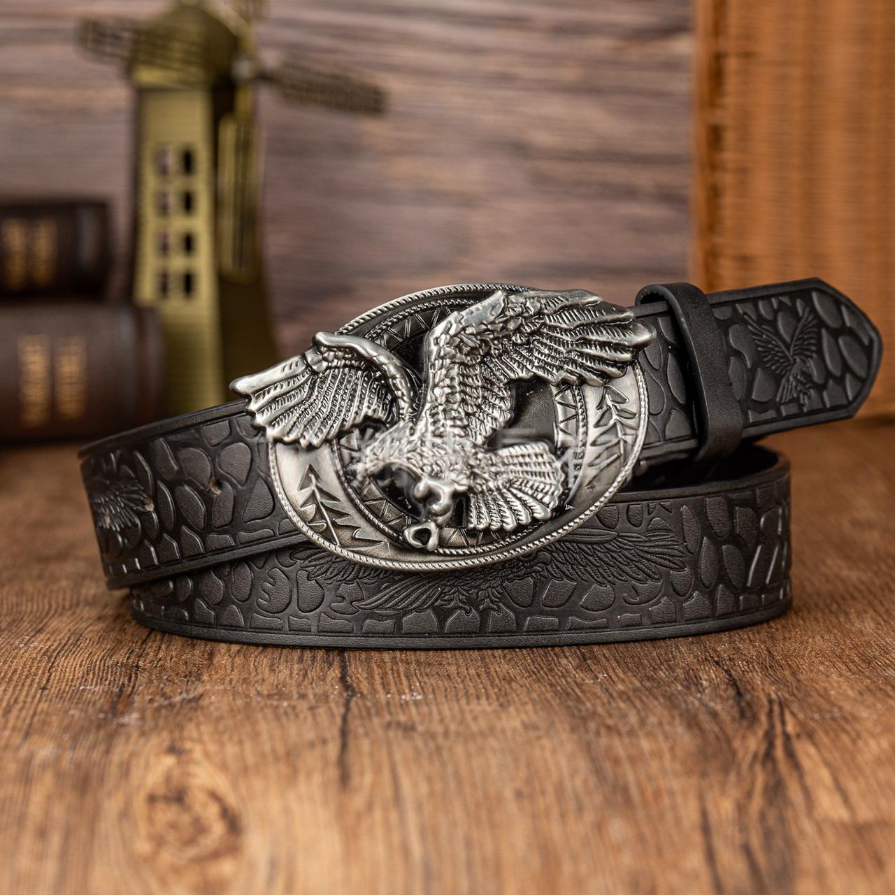 Ceinture western homme à boucle ovale aigle, bande pavée en relief