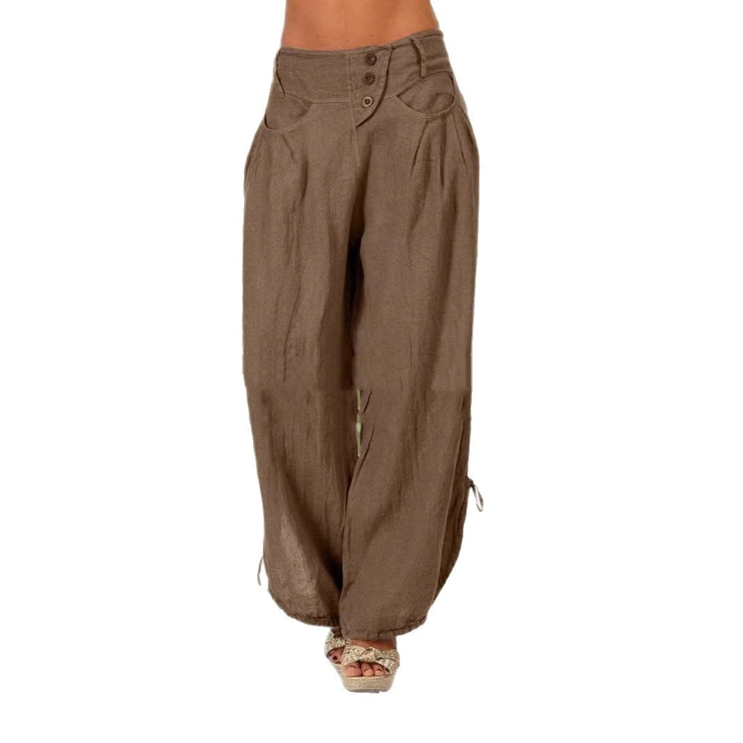 Pantalon ample à liens aux chevilles — taille élastique boutonnée