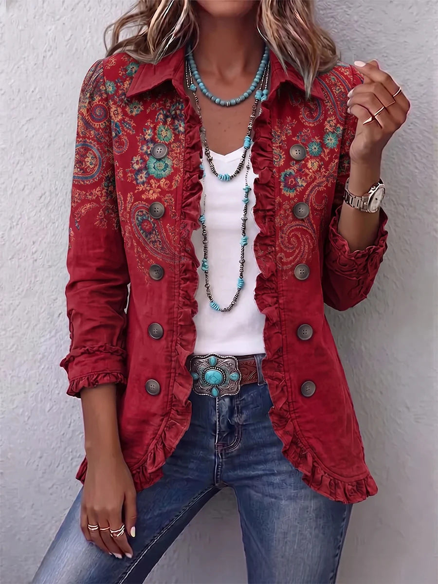 Veste chemise à imprimé cachemire et volants — boutons métal