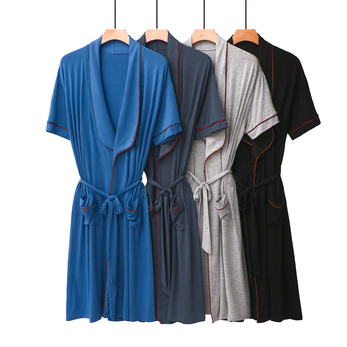 Peignoir mi-long à col mao et ceinture — manches courtes