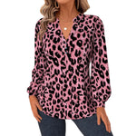 Blouse léopard à col V boutonné et manches ballon