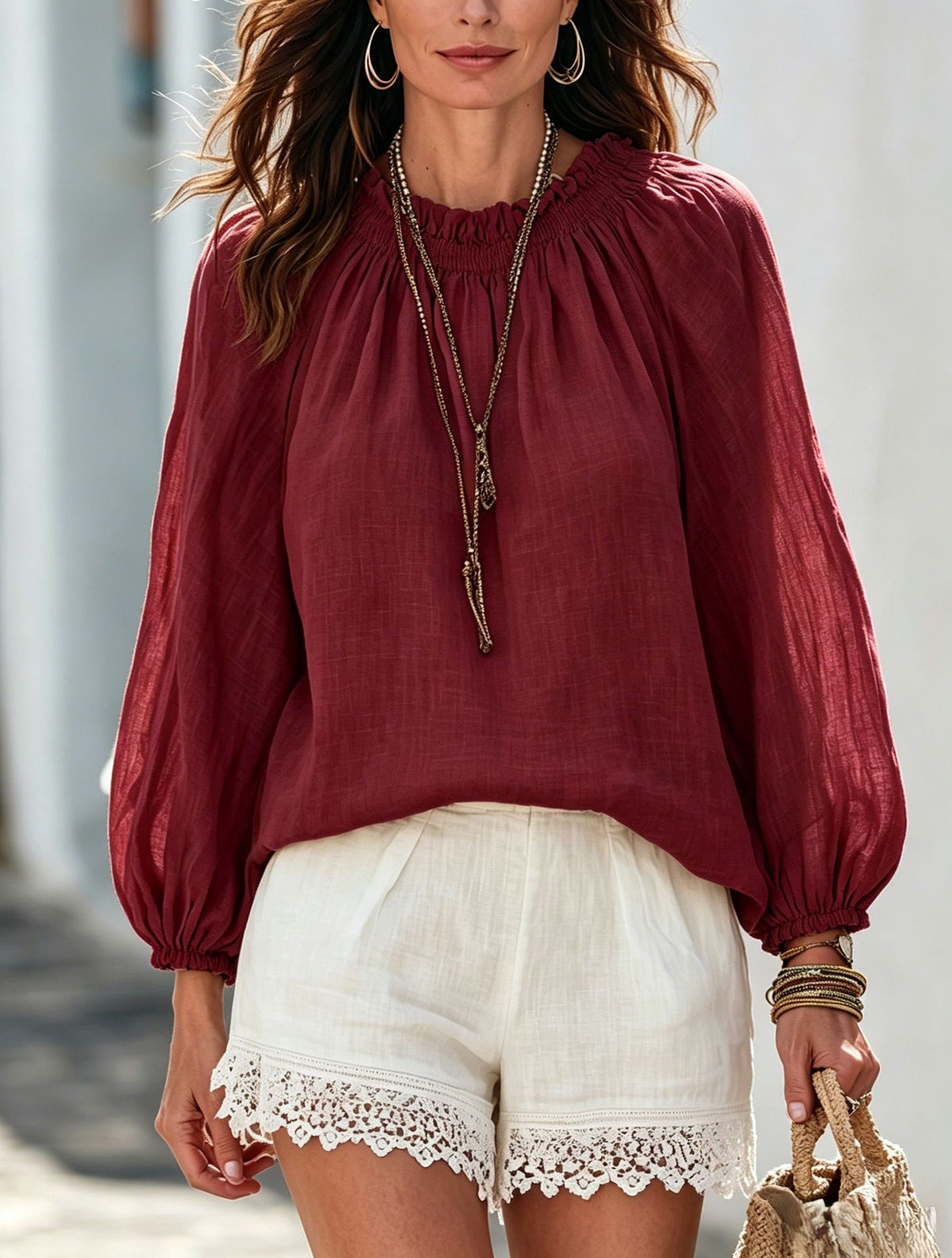 Blouse à manches lanternes, encolure à lien