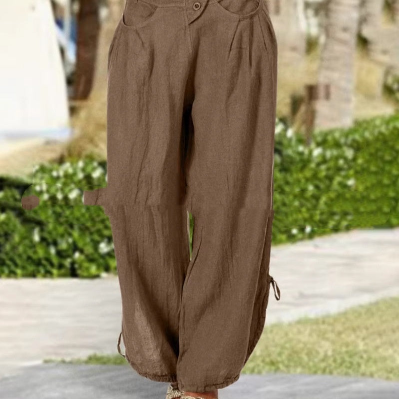 Pantalon ample à liens aux chevilles — taille élastique boutonnée