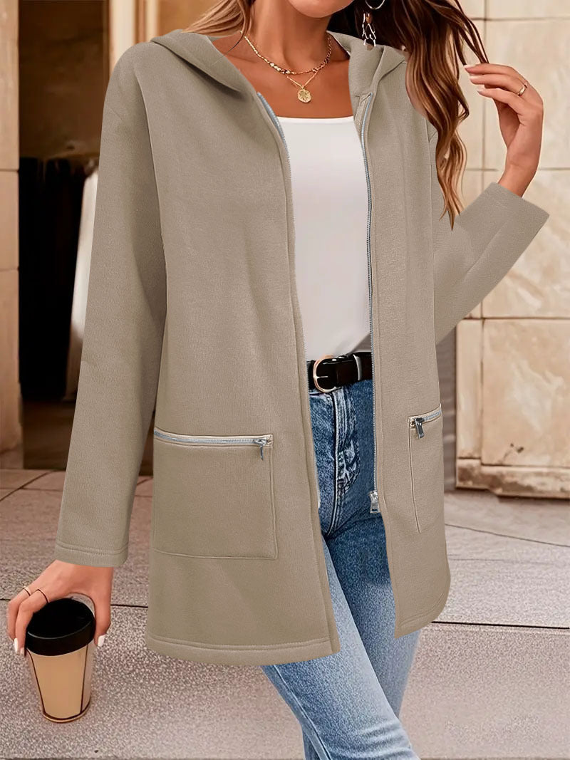 Veste longue à capuche, poches zippées