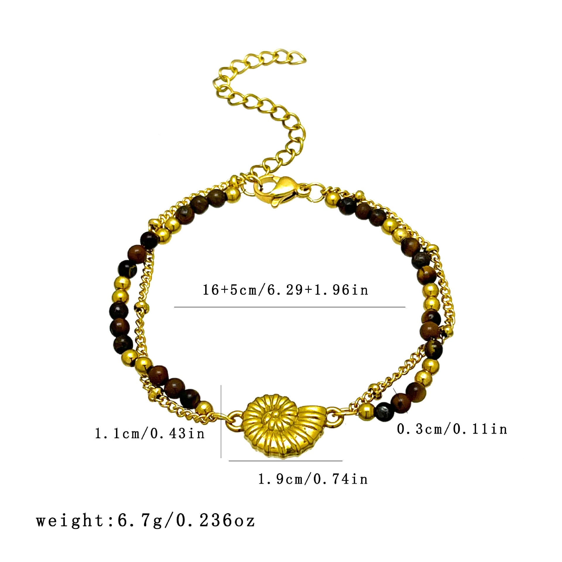Bracelet femme double rang — coquillage et œil de tigre sur acier
