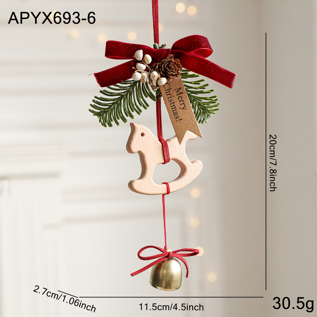 Suspension de Noël — cheval en bois, clochette et branche de — coloris