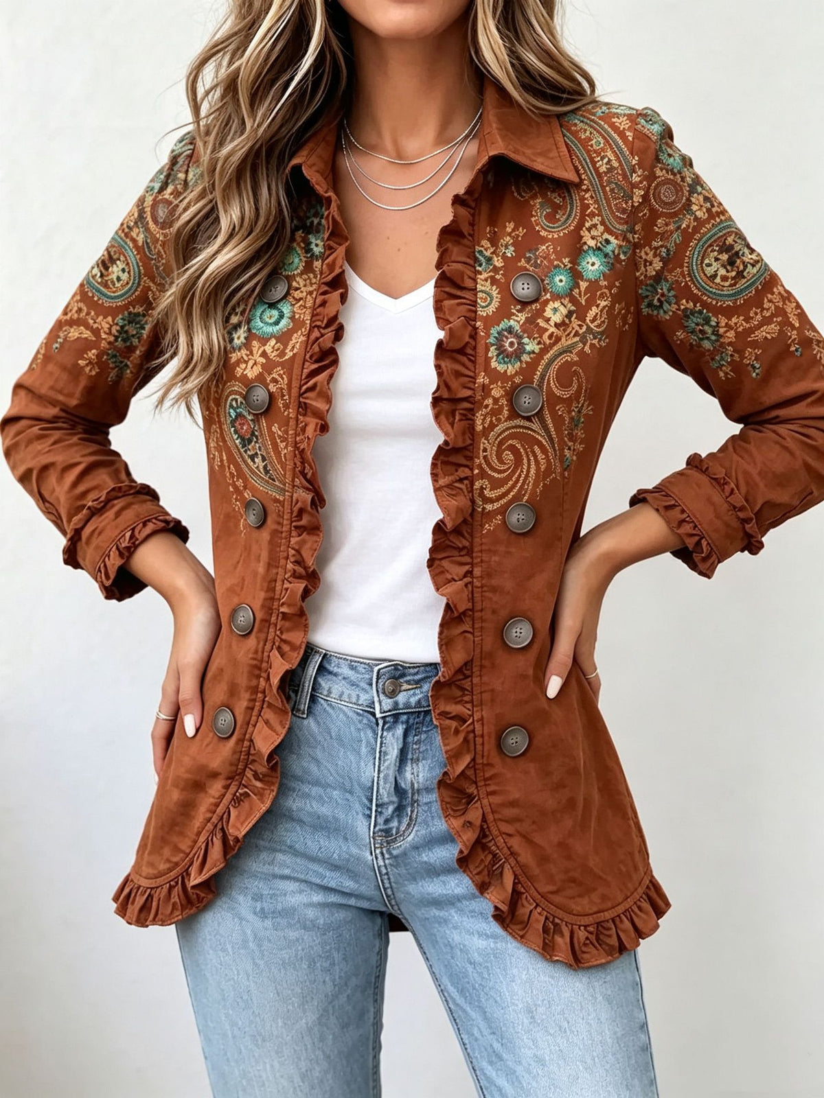 Veste cintrée à volants et motifs placés — rouille