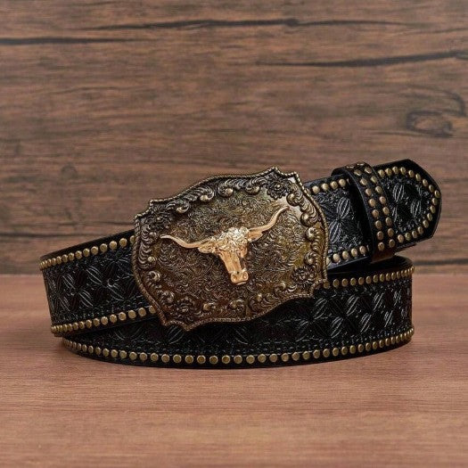 Ceinture homme en cuir clouté — gravure western, boucle apparente