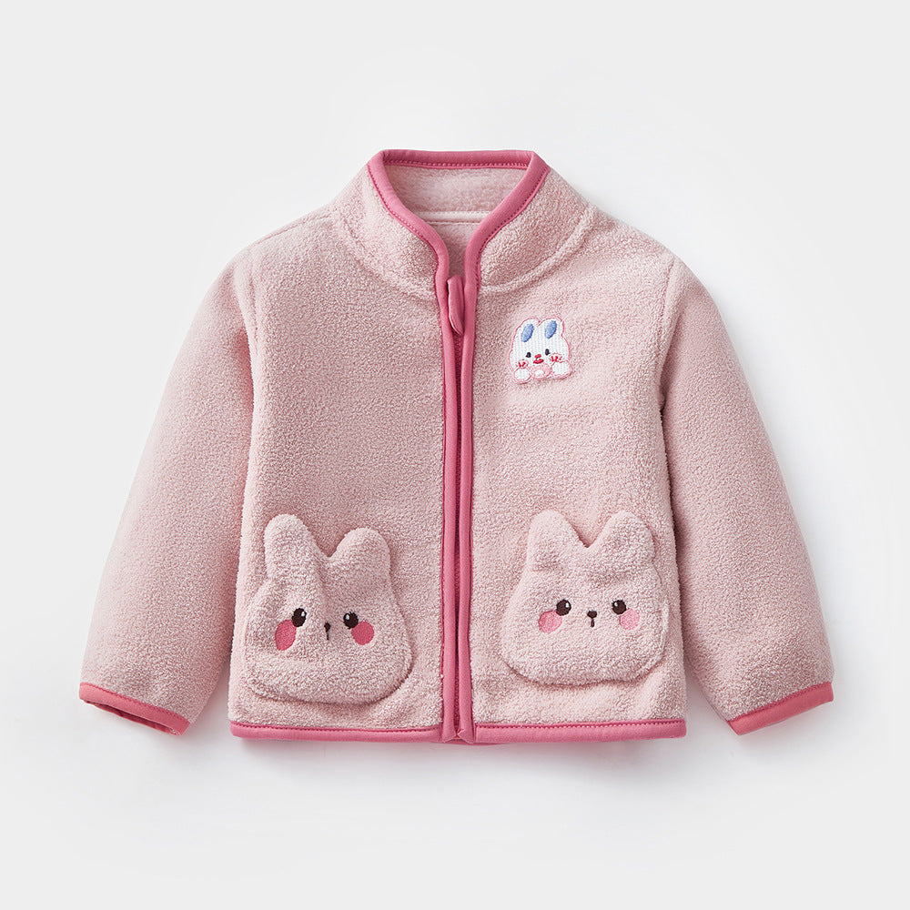 Veste polaire bébé fille à poches lapins — zippée, rose ou lilas