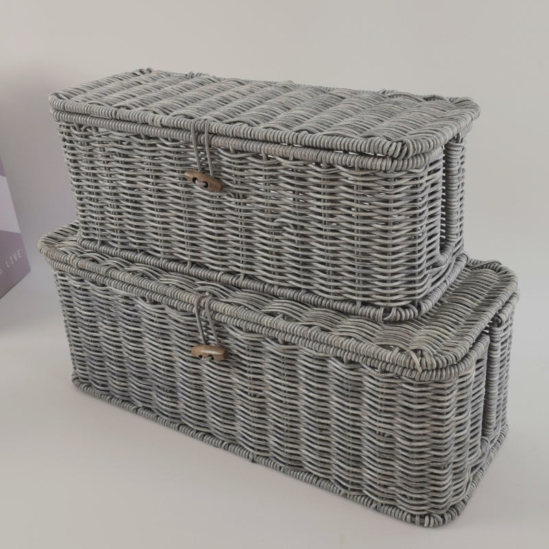 Panier de rangement à couvercle, effet rotin tressé
