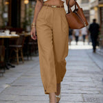 Pantalon à pinces taille haute — jambe large, ourlet boutonné