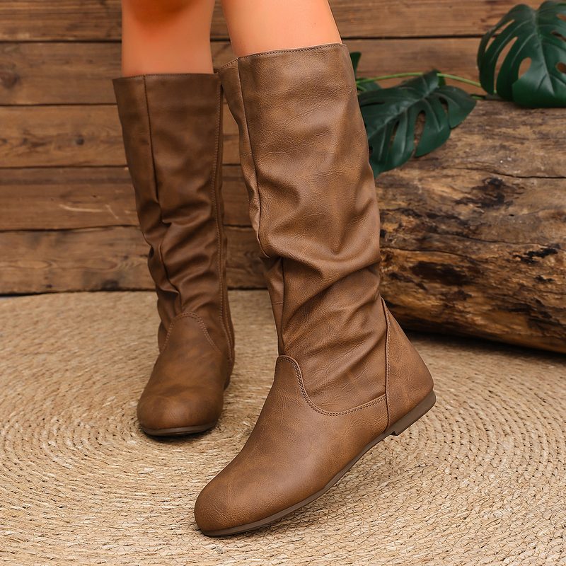 Bottes plates souples à tige froncée — mi-mollet, zip latéral
