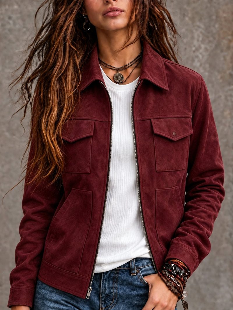 Veste zippée effet daim à poches poitrine — coupe droite — coloris