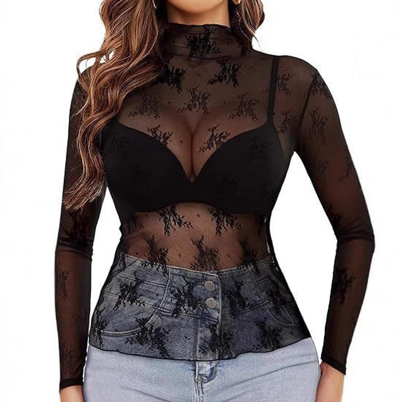 Spitzentop mit Blumenmuster und Stehkragen, komplett transparent
