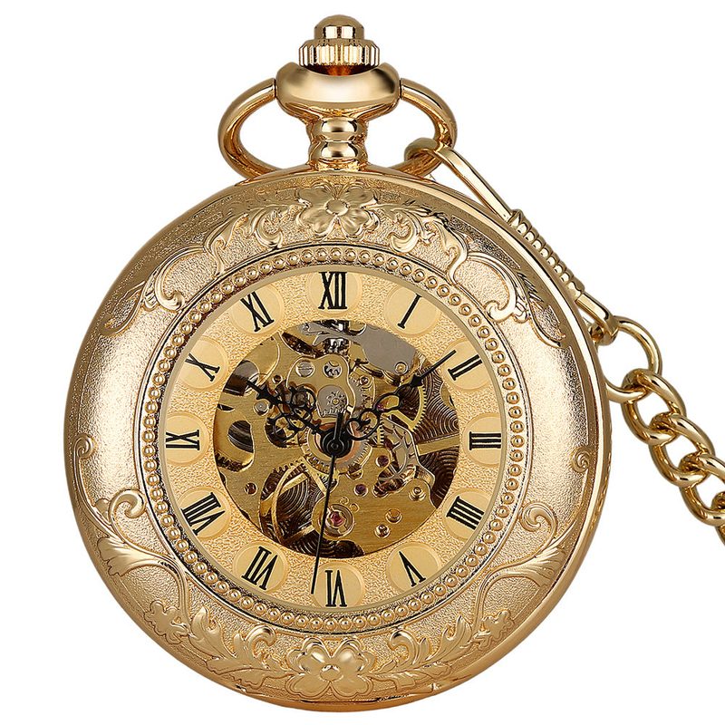 Gold-tone hand-wound pocket watch with engraved decoration