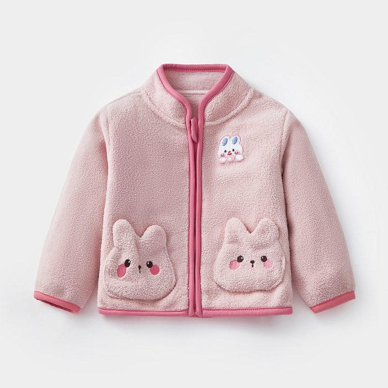 Veste polaire bébé fille à poches lapins — zippée, rose ou lilas