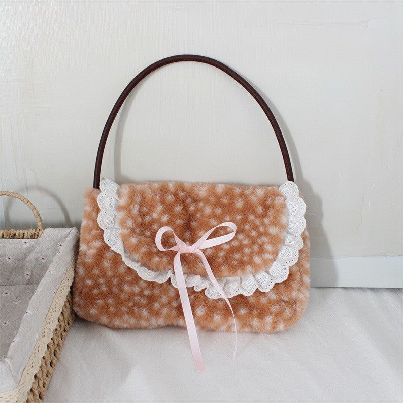 Bolso de mano de peluche estampado cervatillo — solapa de encaje y lazo